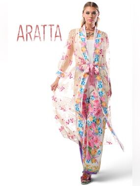 NWT Aratta Blossom Duster Maxi Kimono White Fuchsia Tea XL Sealed